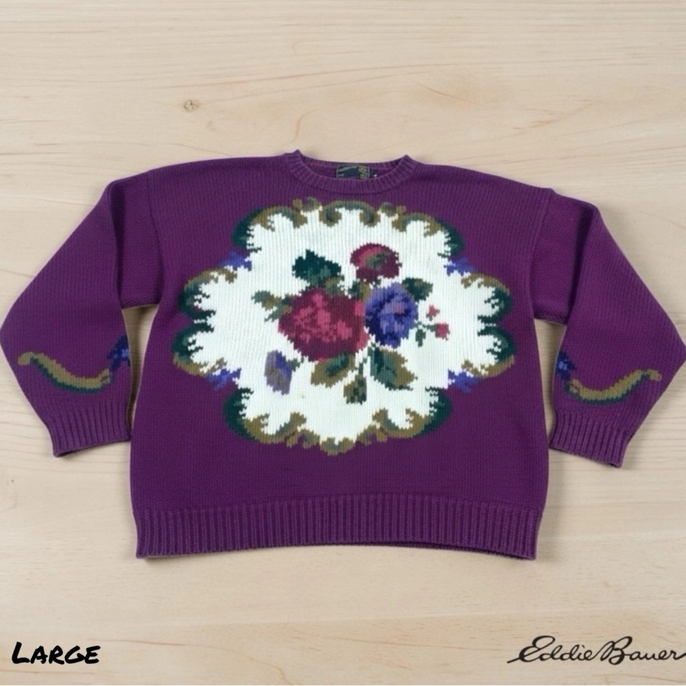 VTG Eddie Bauer Sweater Womens LRG Purple Floral Knit Cottagecore 90s Grannycore